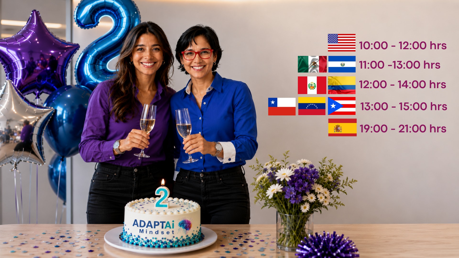 Fundadoras de ADAPTAi Mindset celebrando su segundo aniversario junto a los horarios internacionales del encuentro